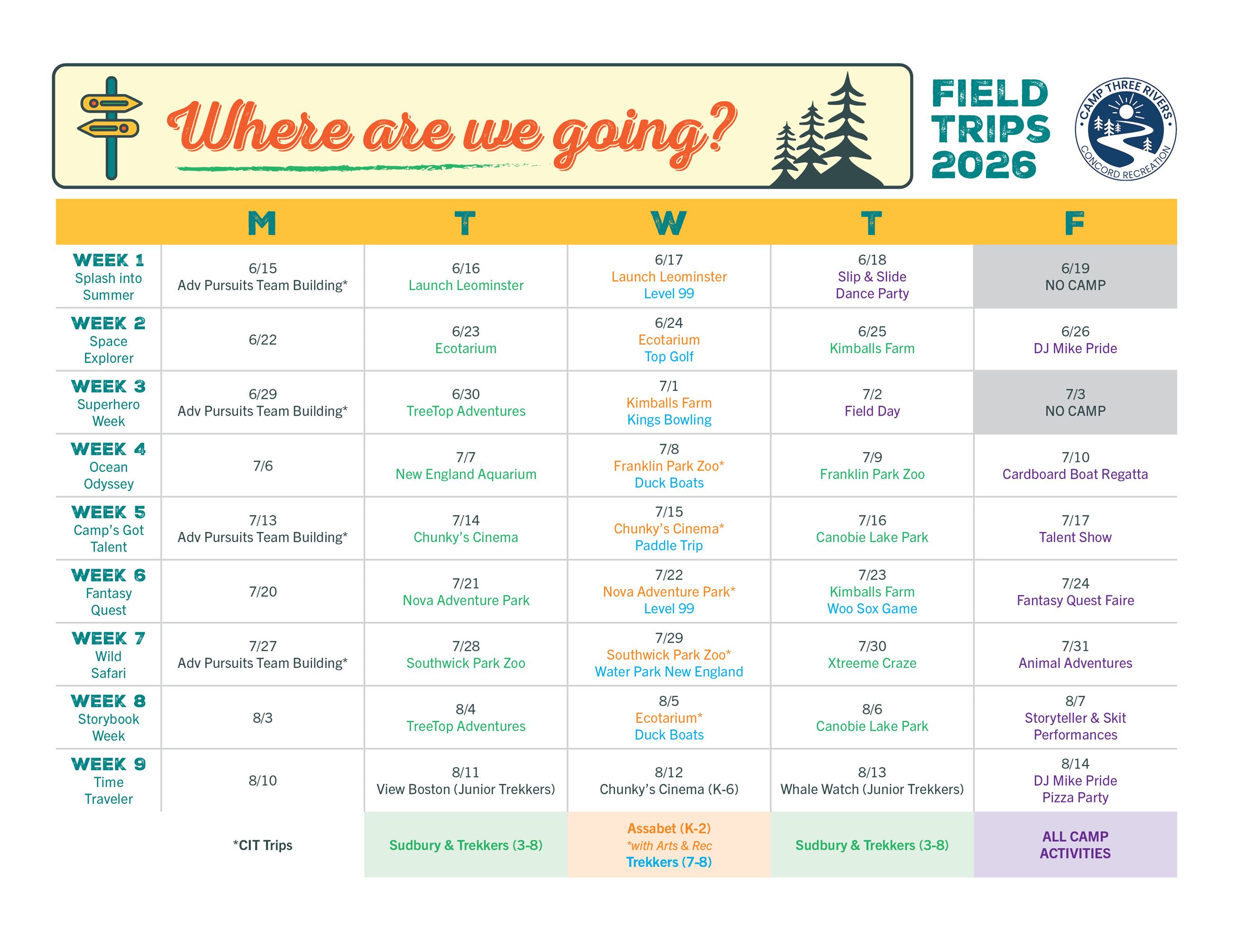 Camp 2026 Field Trips: Calendar View
